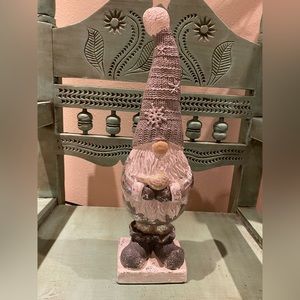 Tall pretty rustic Santa gnome in silver,gray and white,holding a bird.